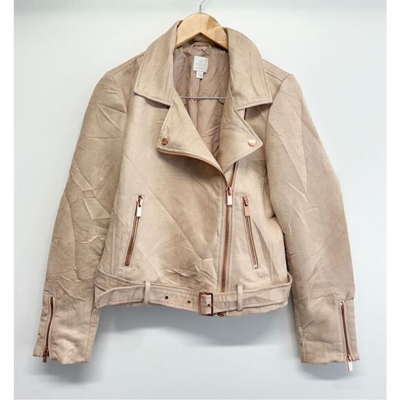 Lauren Conrad Moto‎ Jacket Faux Suede Tan Long Sleeve Size 12 - Picture 2 of 6